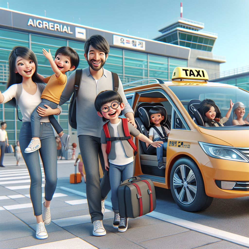 A family happily boarding a taxi at Billy Bishop Airport with child seats installed