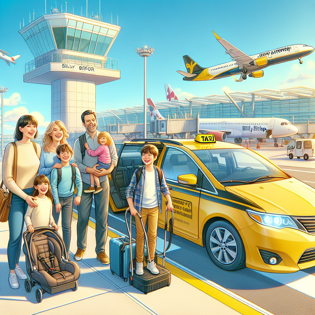 A family happily boarding a taxi with booster seats at Billy Bishop Airport