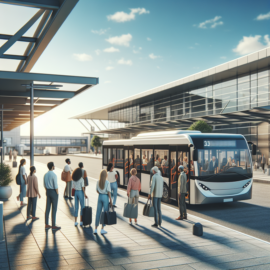 A modern shuttle bus parked outside Billy Bishop Airport with passengers boarding, showcasing convenience and accessibility