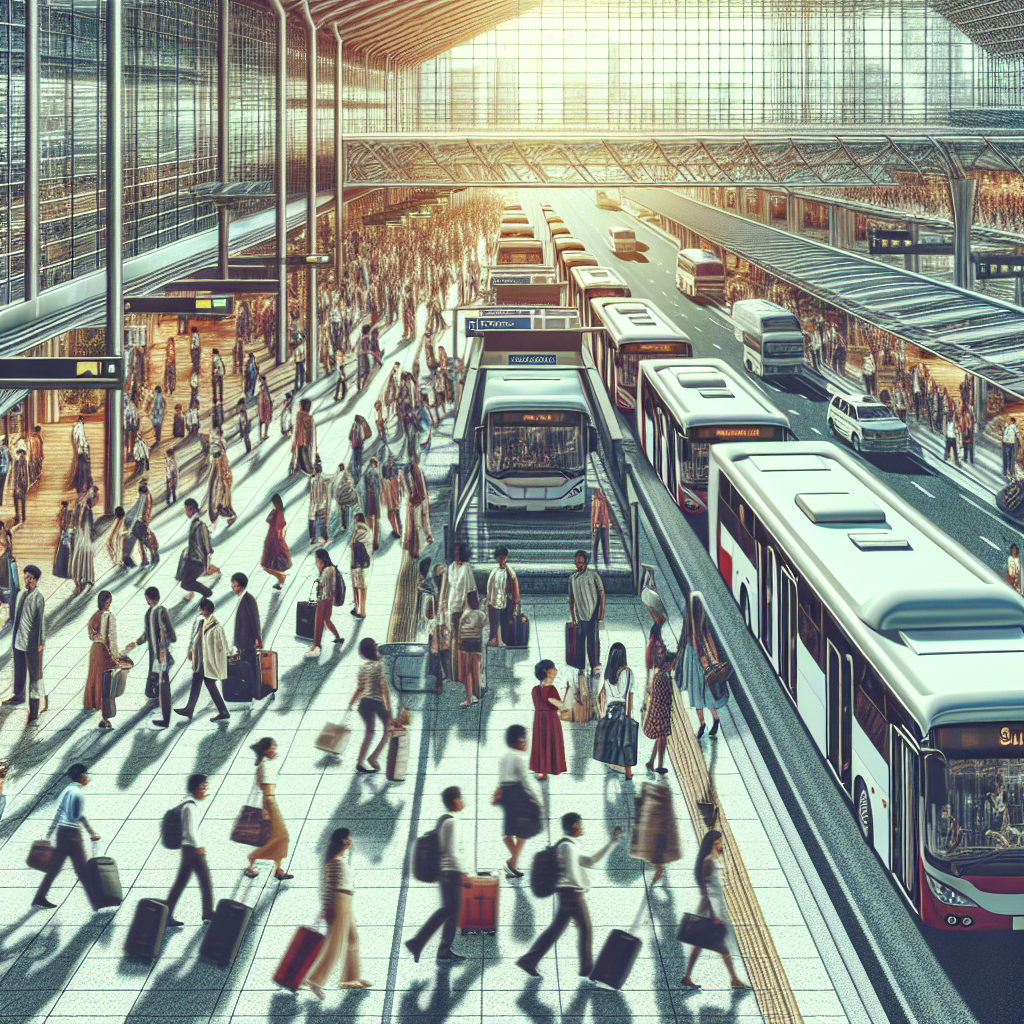 A bustling scene at Billy Bishop Airport with travelers boarding shuttles heading to Vaughan