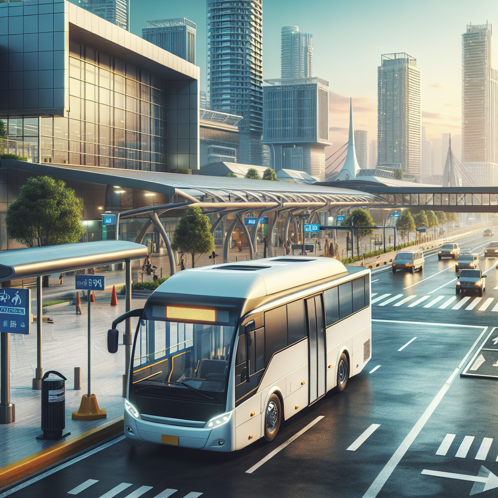 A modern shuttle bus parked outside Billy Bishop Airport with bustling city life in the background