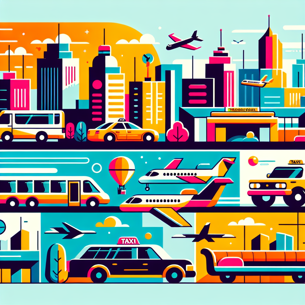 A vibrant illustration of various transportation options from Billy Bishop Airport to Vaughan including shuttles, taxis, and limousines