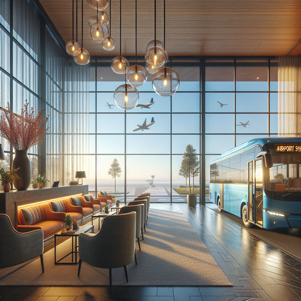 A cozy hotel lobby with an airport shuttle bus parked outside