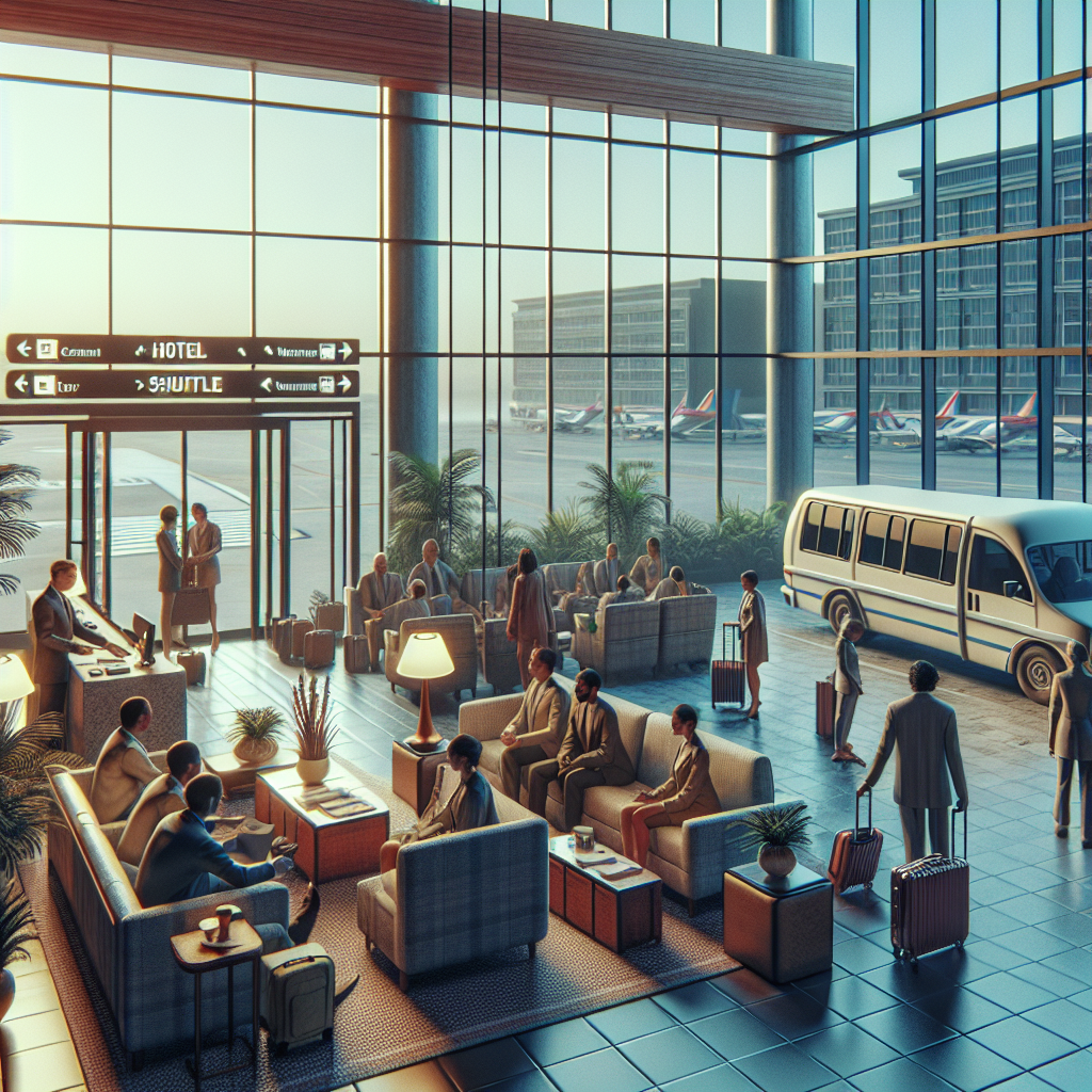 A cozy hotel lobby near Toronto Pearson Airport with guests checking in and a shuttle bus parked outside