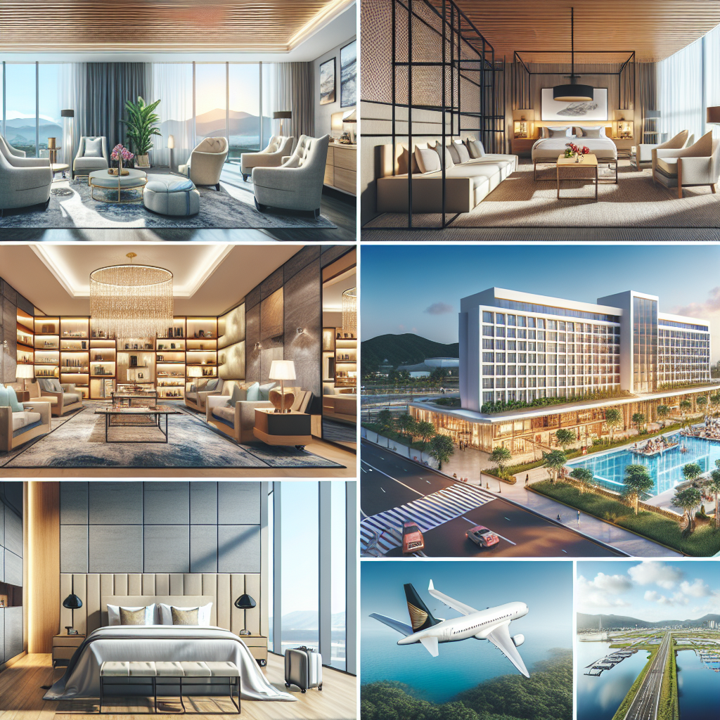 A collage of top-rated hotels near Toronto Pearson Airport showcasing luxury rooms, family-friendly spaces, and eco-friendly designs