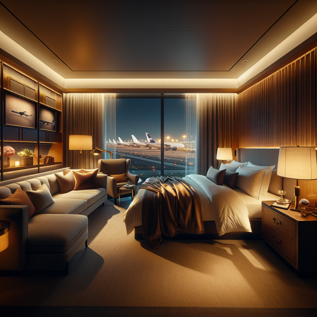 A cozy luxury hotel room at night near an airport