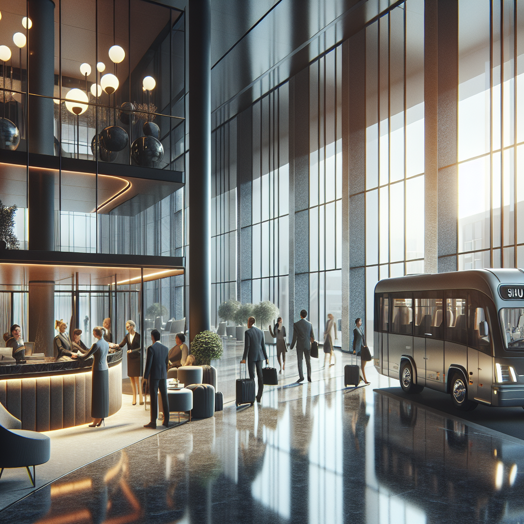 A modern hotel lobby with guests checking in and a shuttle bus parked outside ready for departures