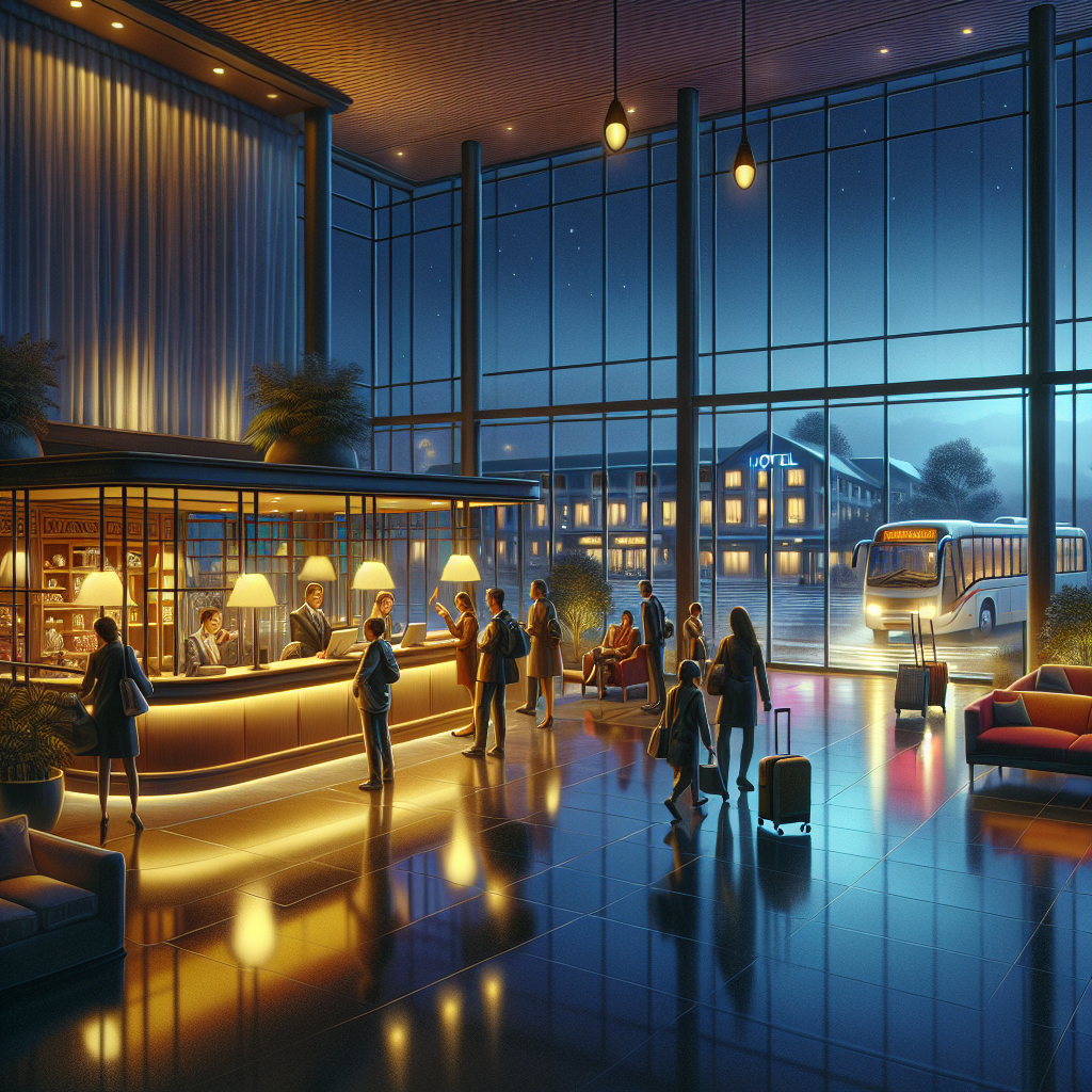 A cozy hotel lobby at night with guests checking in and an airport shuttle bus outside