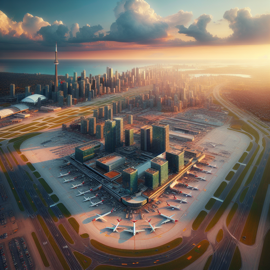 Aerial view of Toronto Pearson Airport with nearby hotels visible