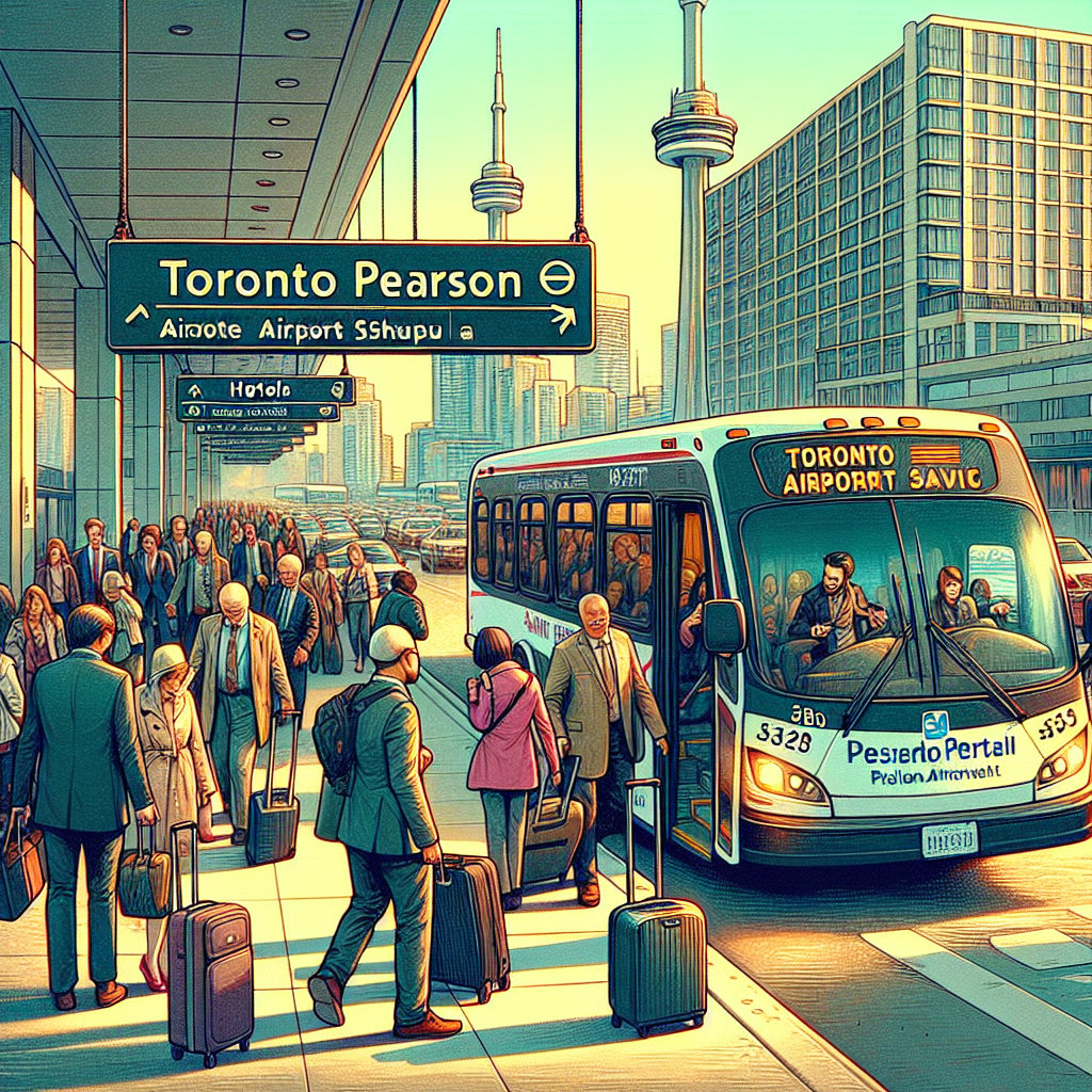 A busy Toronto Pearson Airport shuttle bus picking up passengers outside a hotel entrance