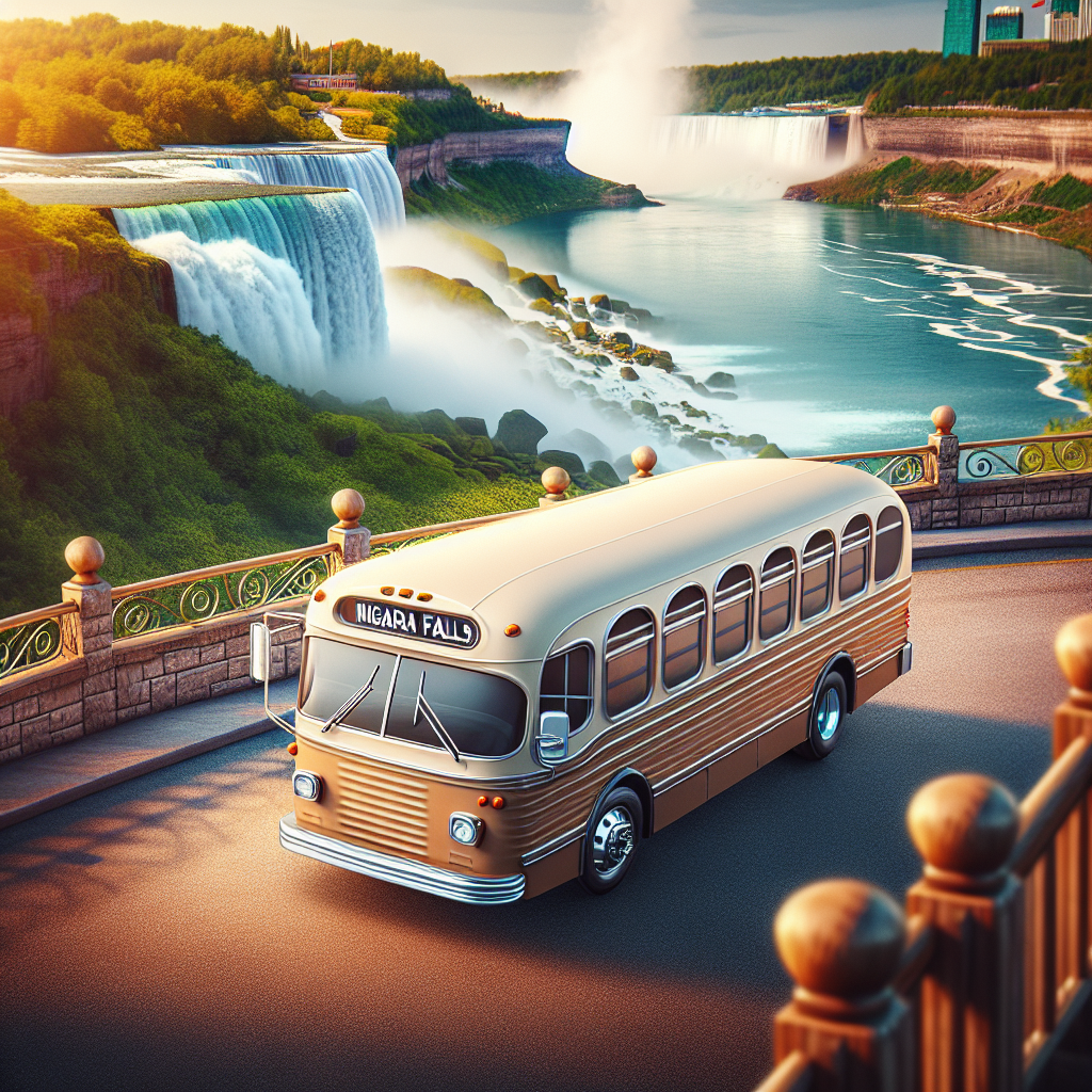 A scenic view of Niagara Falls with a shuttle bus in the foreground