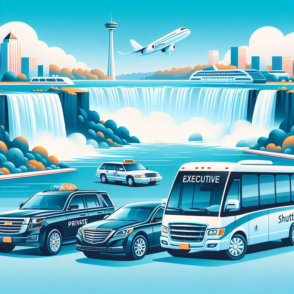 A collage of different shuttle service vehicles including a private car, shared van, and executive bus parked outside Pearson Airport with Niagara Falls in the background