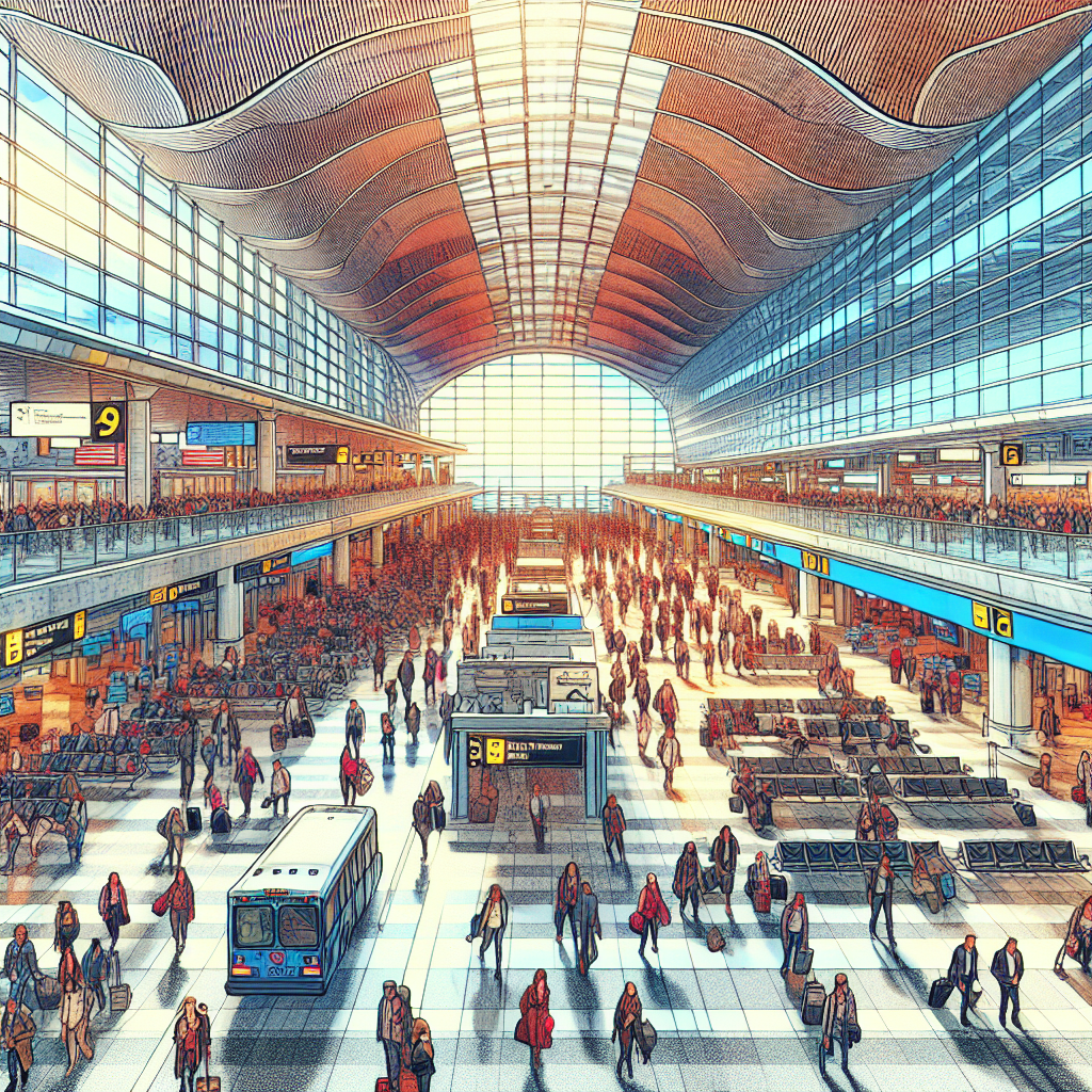 A bustling scene at Toronto Pearson Airport with travelers arriving and various transportation options visible like shuttles, taxis, and buses