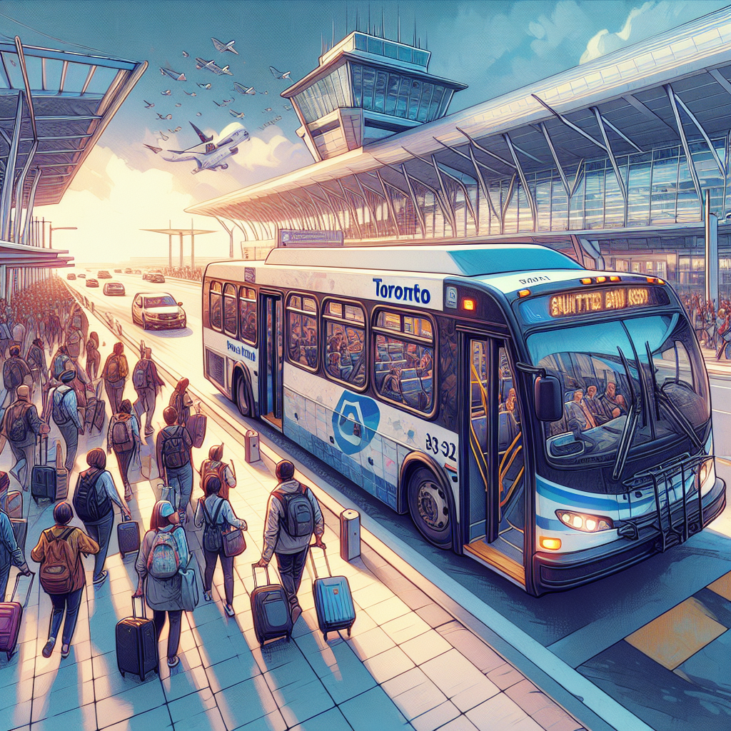 A busy Toronto Pearson Airport shuttle bus with passengers boarding