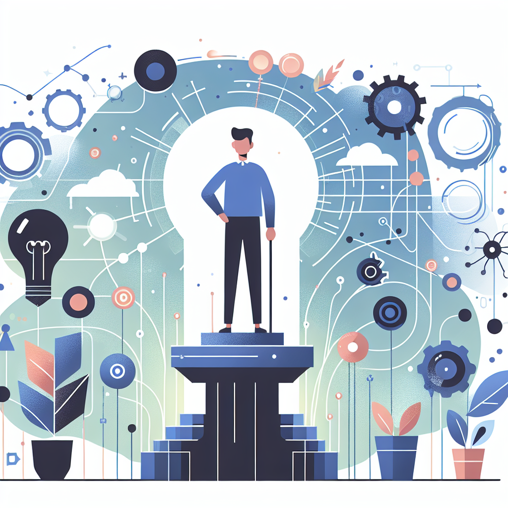 A whimsical illustration depicting a leader standing confidently at the helm of an organization with futuristic AI elements surrounding them