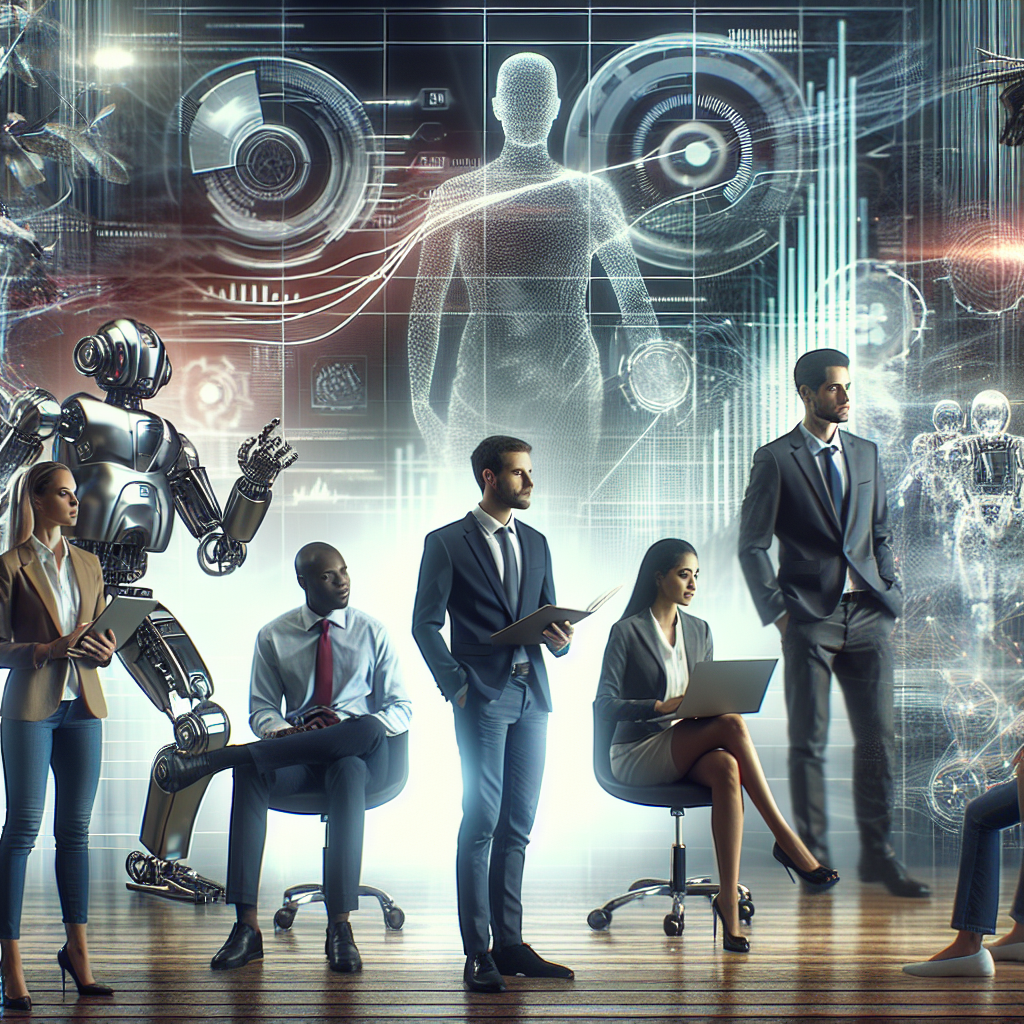 A dynamic scene showing diverse leaders collaborating with advanced technology like robots and data analytics screens