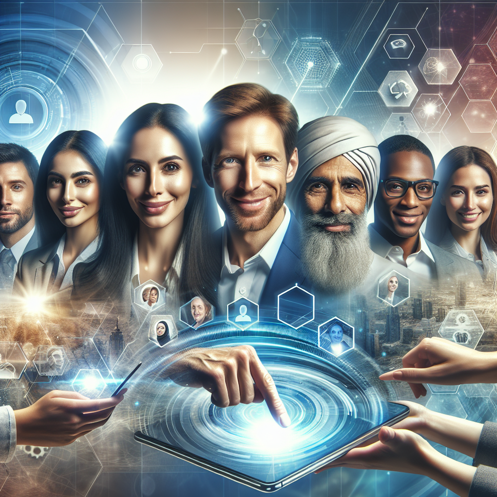 A vibrant illustration showing diverse leaders confidently embracing technology while engaging with their teams