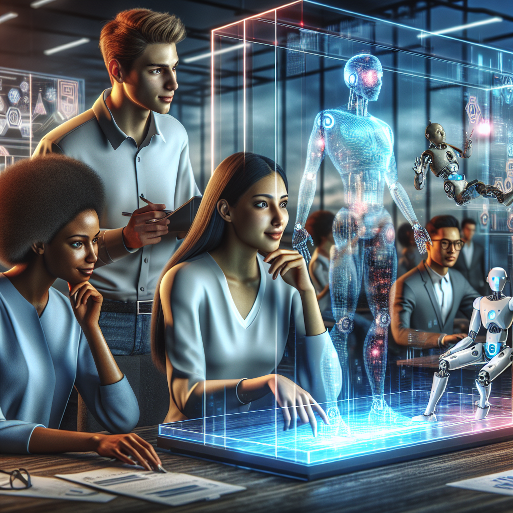 A futuristic office setting showcasing diverse teams collaborating with AI technology