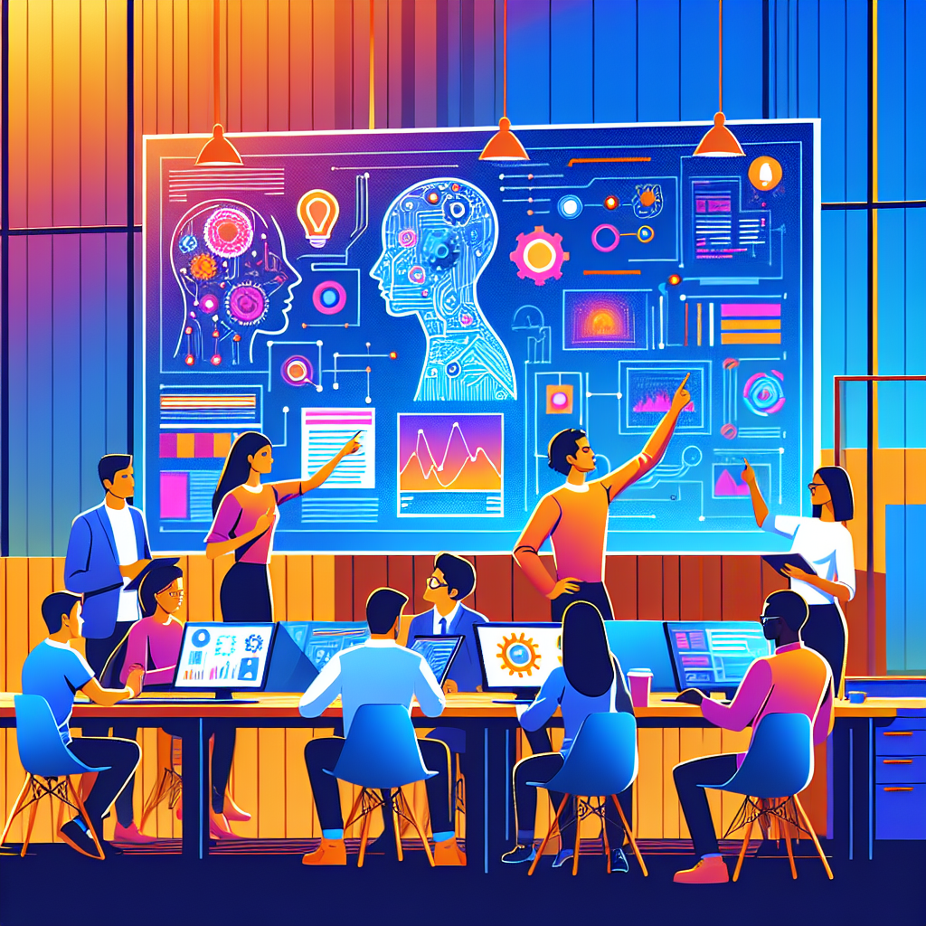 A vibrant illustration showing a diverse team collaborating over an AI strategy blueprint in a modern office setting