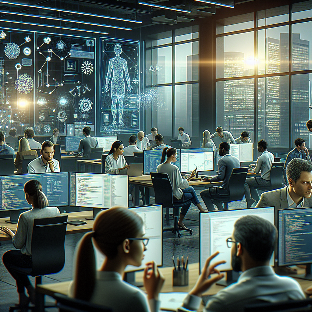A modern office environment showcasing teams collaborating on artificial intelligence projects