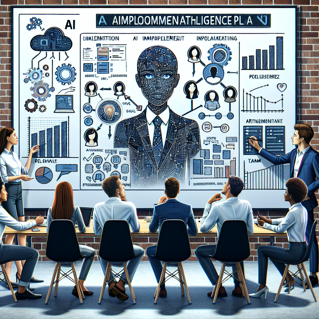 A professional team brainstorming over an AI implementation plan, with charts and diagrams on a whiteboard