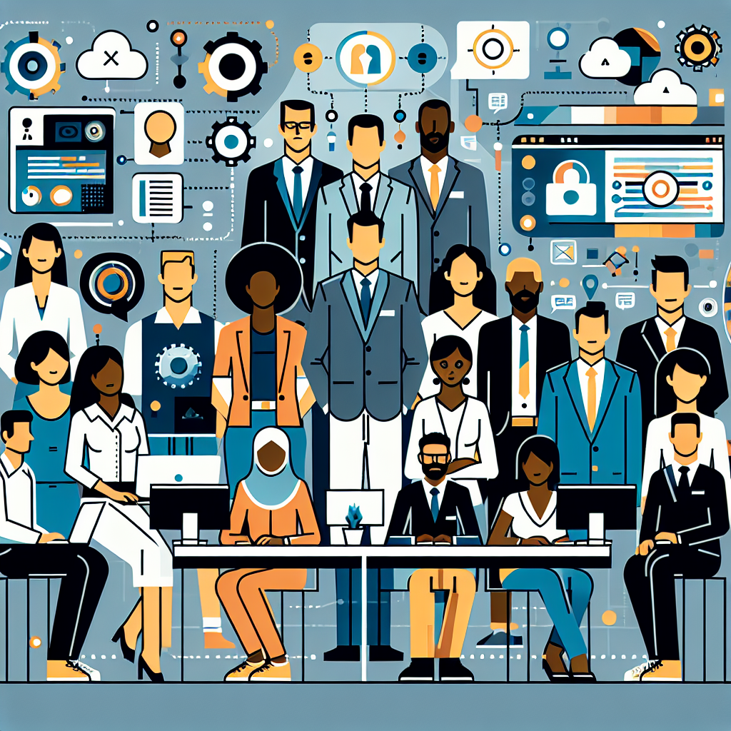 A vibrant illustration of business leaders collaborating in a digital workspace with advanced technology elements like AI and cloud computing