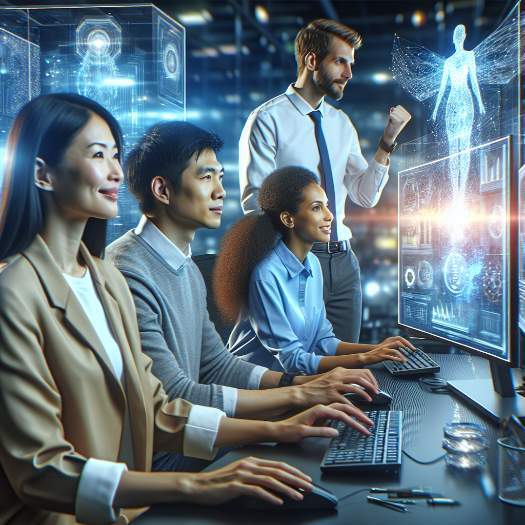 A diverse team collaborating on a digital transformation project, surrounded by technology tools and data analytics displays