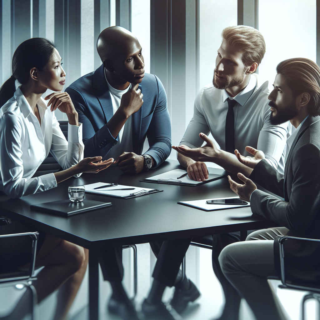 A dynamic executive coaching session with diverse leaders engaged in discussion