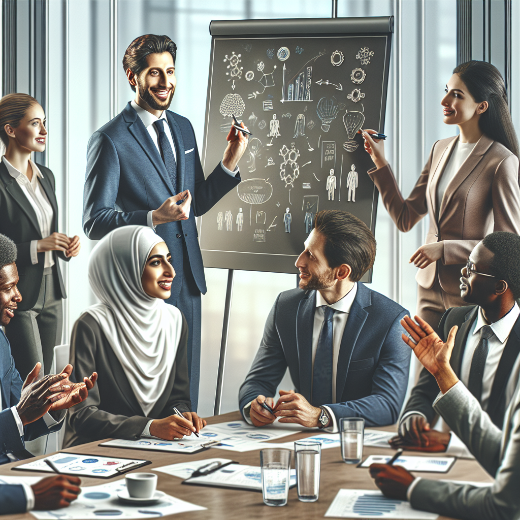 A diverse group of executives engaged in an interactive leadership training workshop, showcasing collaboration and communication