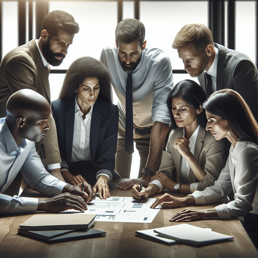 A diverse group of leaders engaged in a dynamic team coaching session