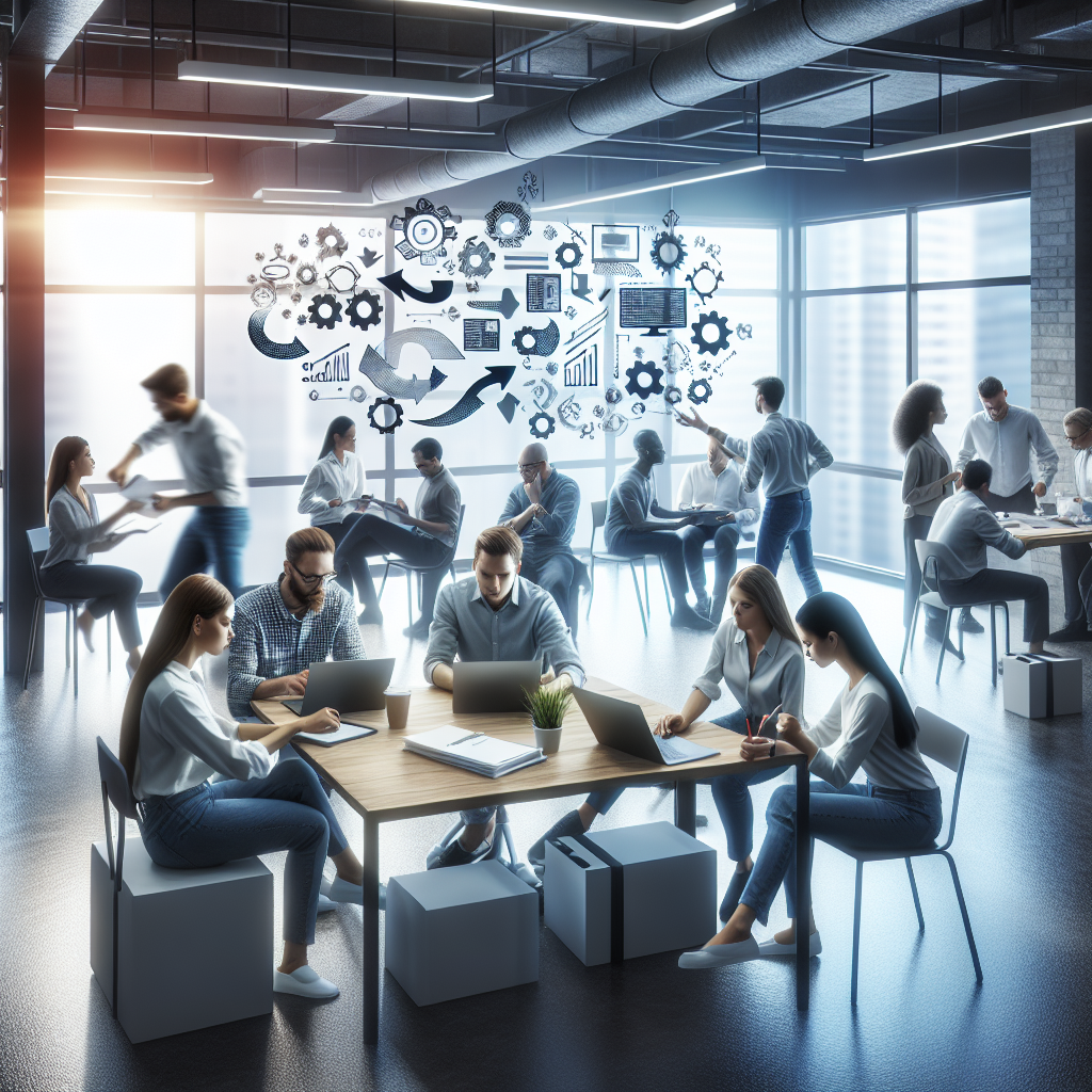 A dynamic office environment where employees are collaborating using agile methodologies, showcasing teamwork and innovation