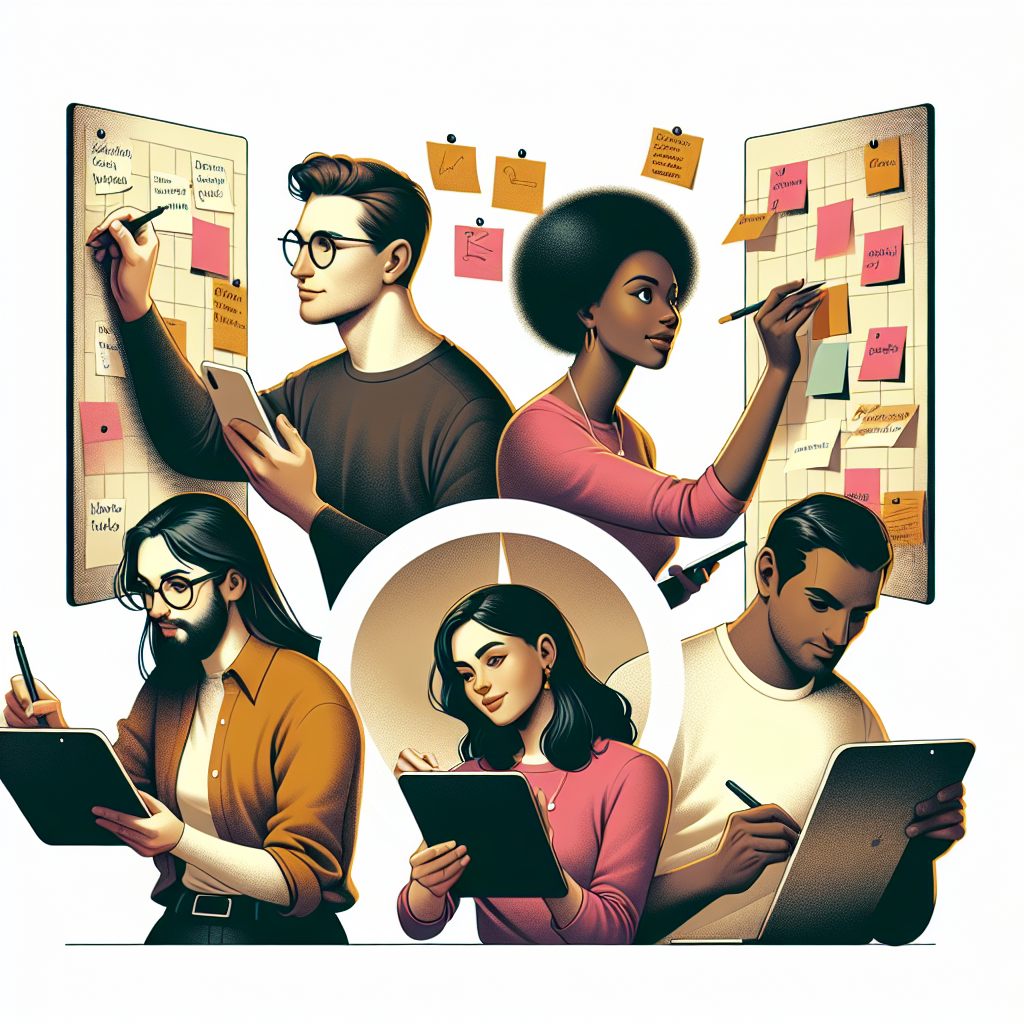 A diverse team collaborating on an agile project with sticky notes and digital tools