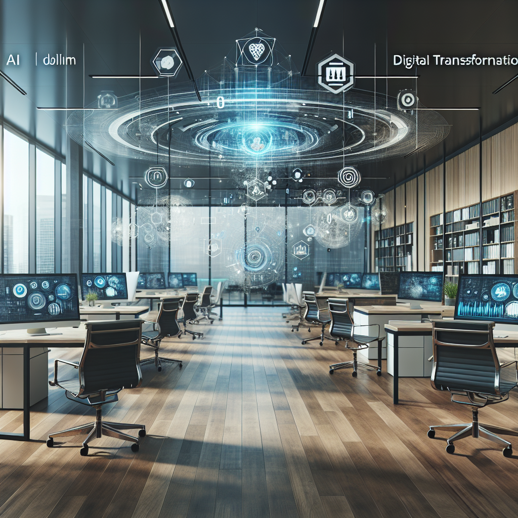 A modern office setting showcasing digital transformation tools like AI dashboards and collaborative spaces