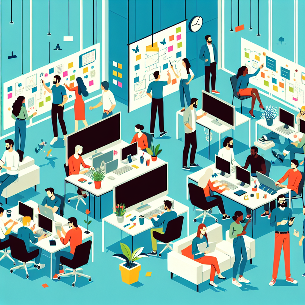 A vibrant illustration showing diverse teams collaborating in an office environment, emphasizing cross-functional teamwork and agile methodologies.