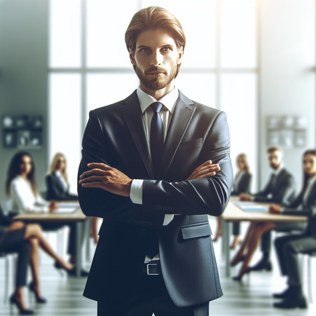 A confident business leader standing at the forefront during a meeting, projecting authority and charisma