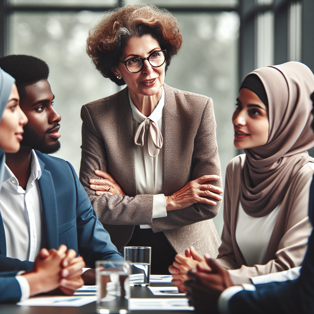 A confident business leader engaging with team members during a meeting, showcasing strong communication skills