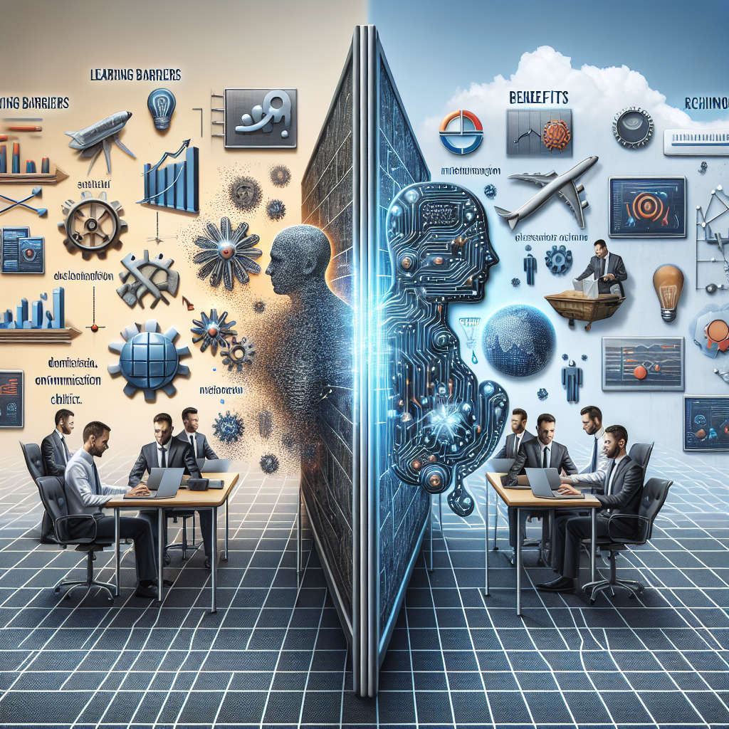 A dynamic illustration depicting the challenges and benefits of integrating artificial intelligence into organizational culture