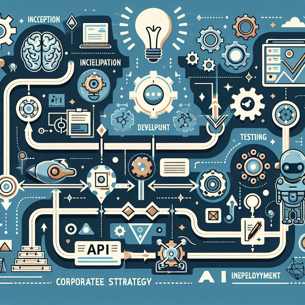 A detailed infographic illustrating an AI implementation roadmap within a corporate strategy context