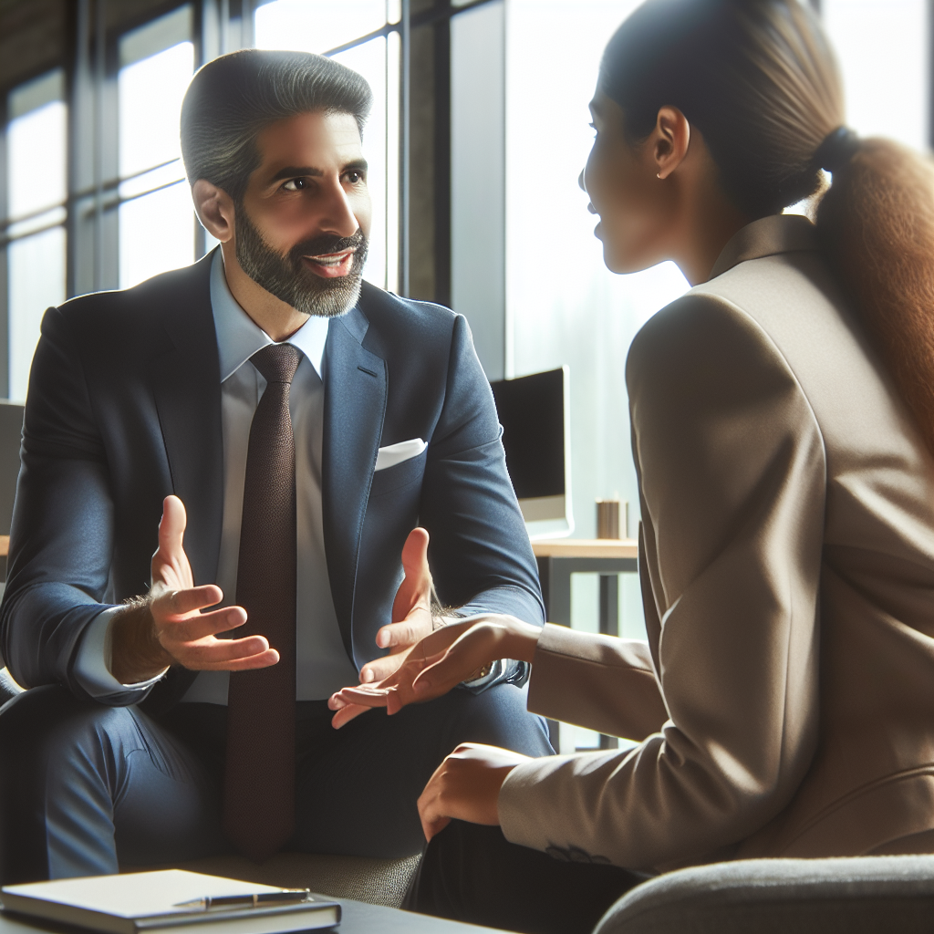 A professional scene showing an experienced mentor discussing strategies with an emerging leader in an office setting