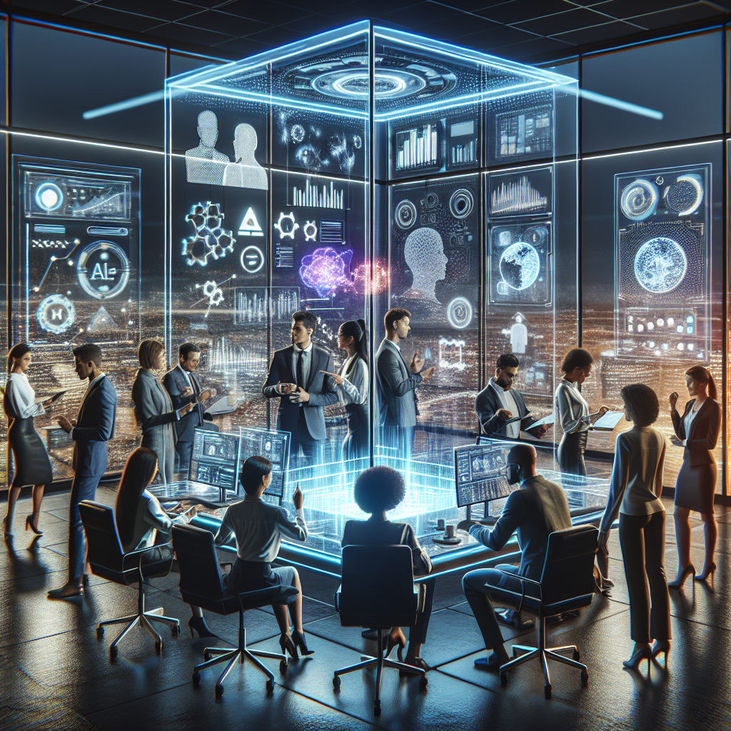A futuristic office setting with diverse leaders collaborating with AI technology on screens