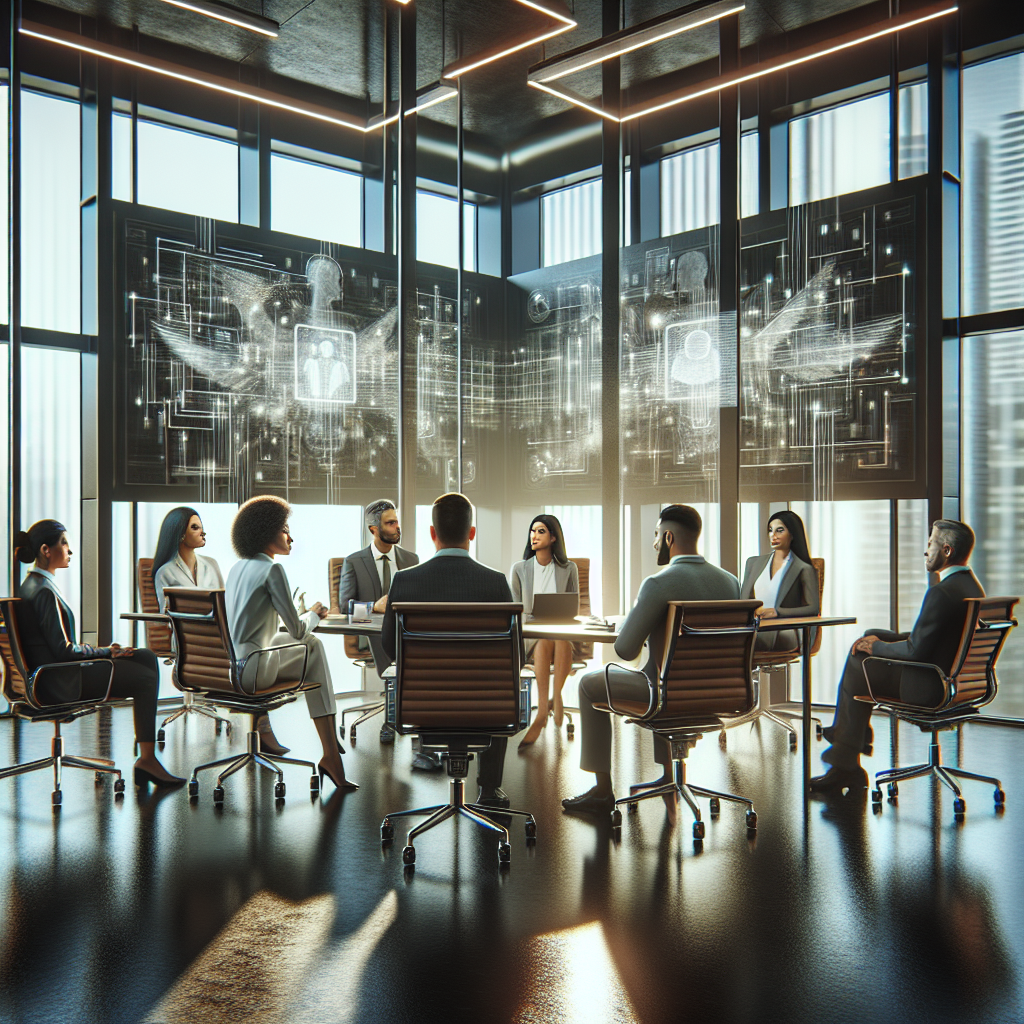 A diverse group of business leaders discussing ethical implications of artificial intelligence in a modern office setting