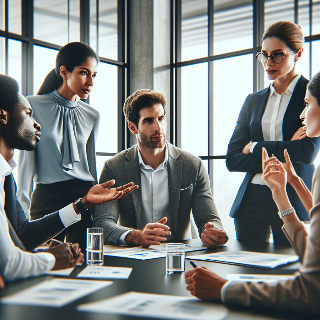 A diverse group of business leaders discussing artificial intelligence strategies in a modern office setting