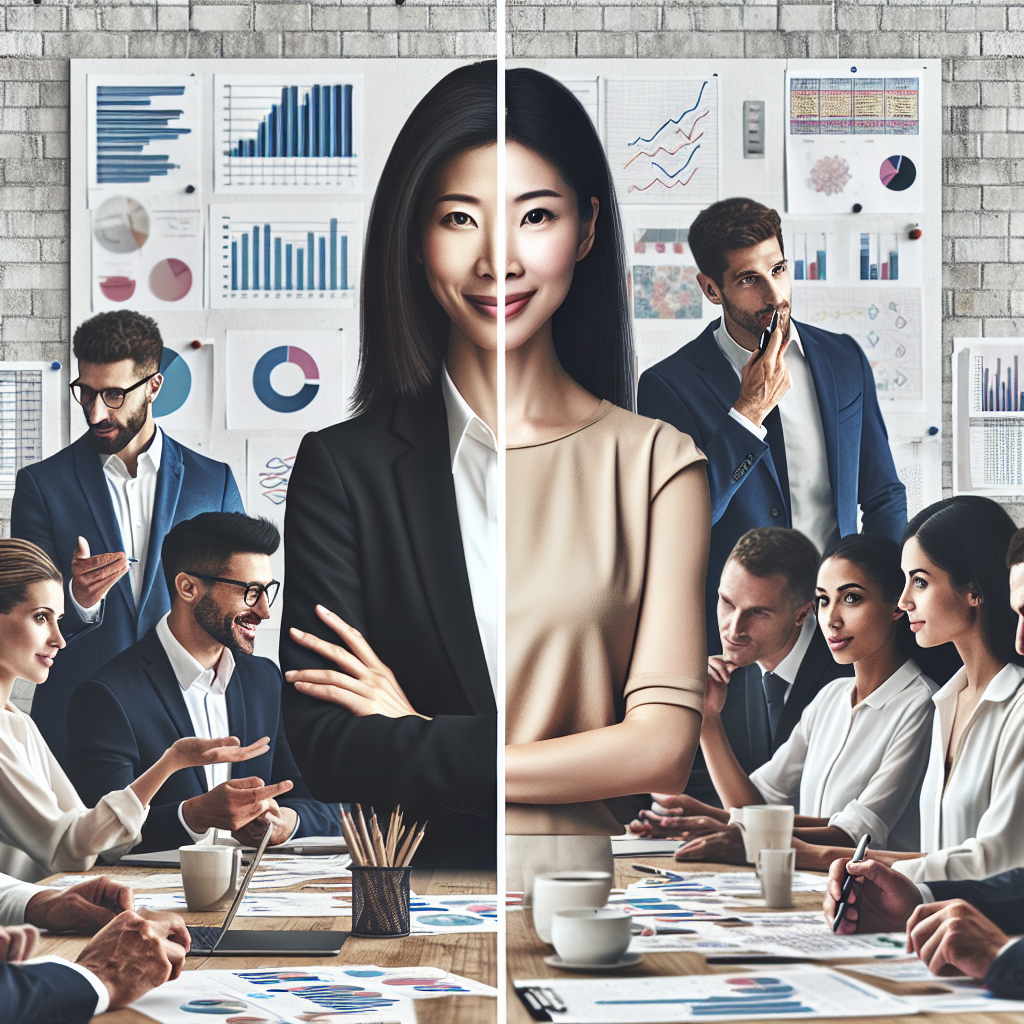 A split image showing two contrasting scenes: one side depicting an inspiring leader engaging with a team in a creative brainstorming session, while the other side shows a manager organizing tasks at a desk with charts and checklists.