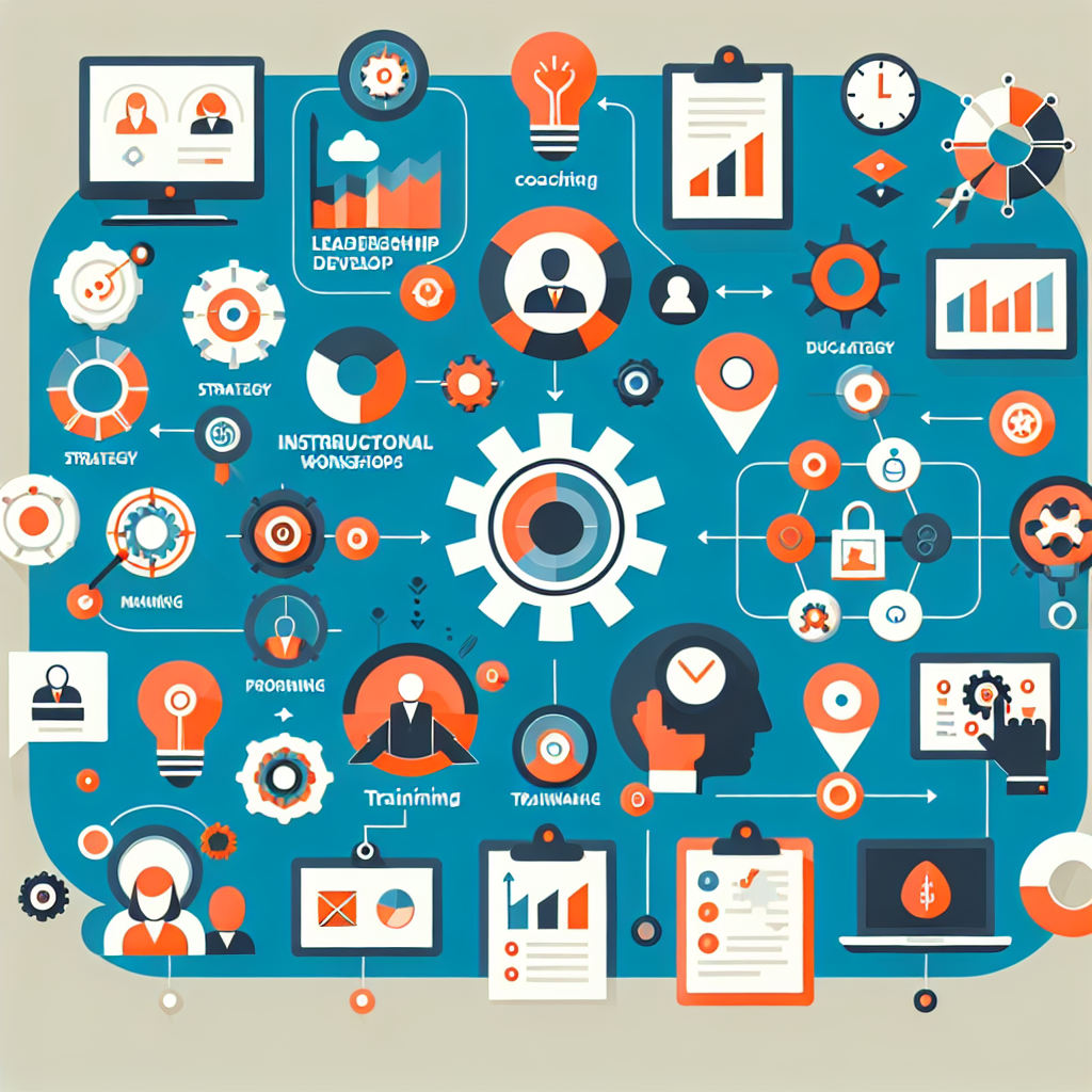 A visually engaging infographic contrasting leadership development with management training using icons representing coaching, strategy sessions, instructional workshops, and performance metrics.