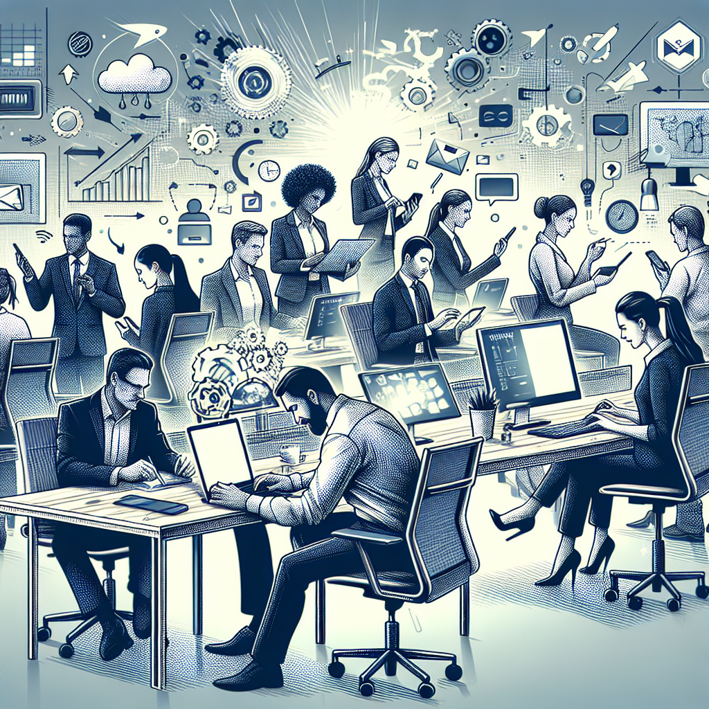 A dynamic office environment showcasing teamwork and collaboration with diverse teams using digital tools for agile project management.