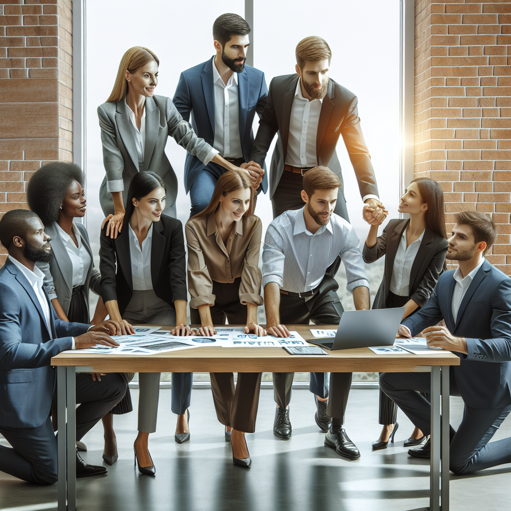A diverse group of business leaders collaborating in a modern office space, showcasing teamwork and innovation