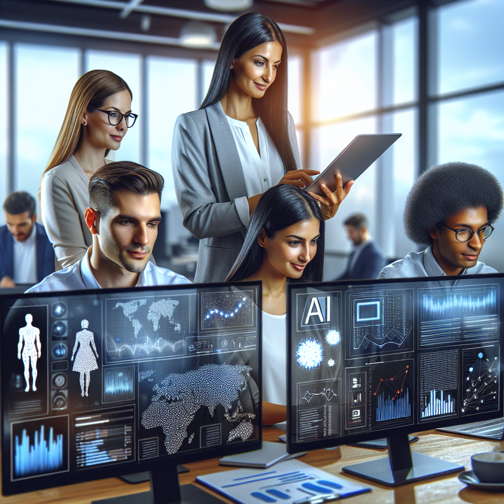A business team collaborating on an AI implementation roadmap with digital screens displaying data analytics and AI concepts