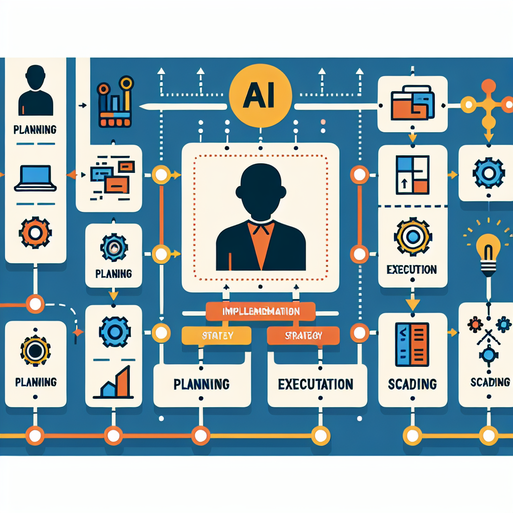 A roadmap illustrating an AI implementation strategy with various stages like planning, execution, and scaling