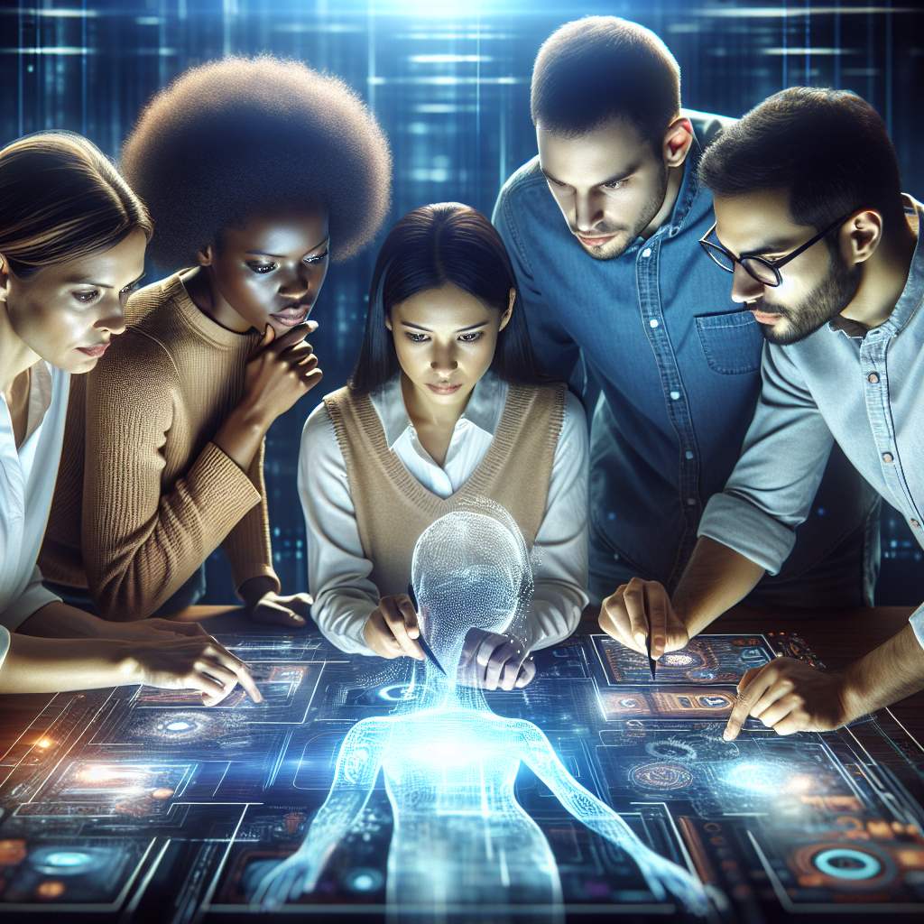 A diverse team collaborating over AI technology, analyzing data on screens, brainstorming ideas