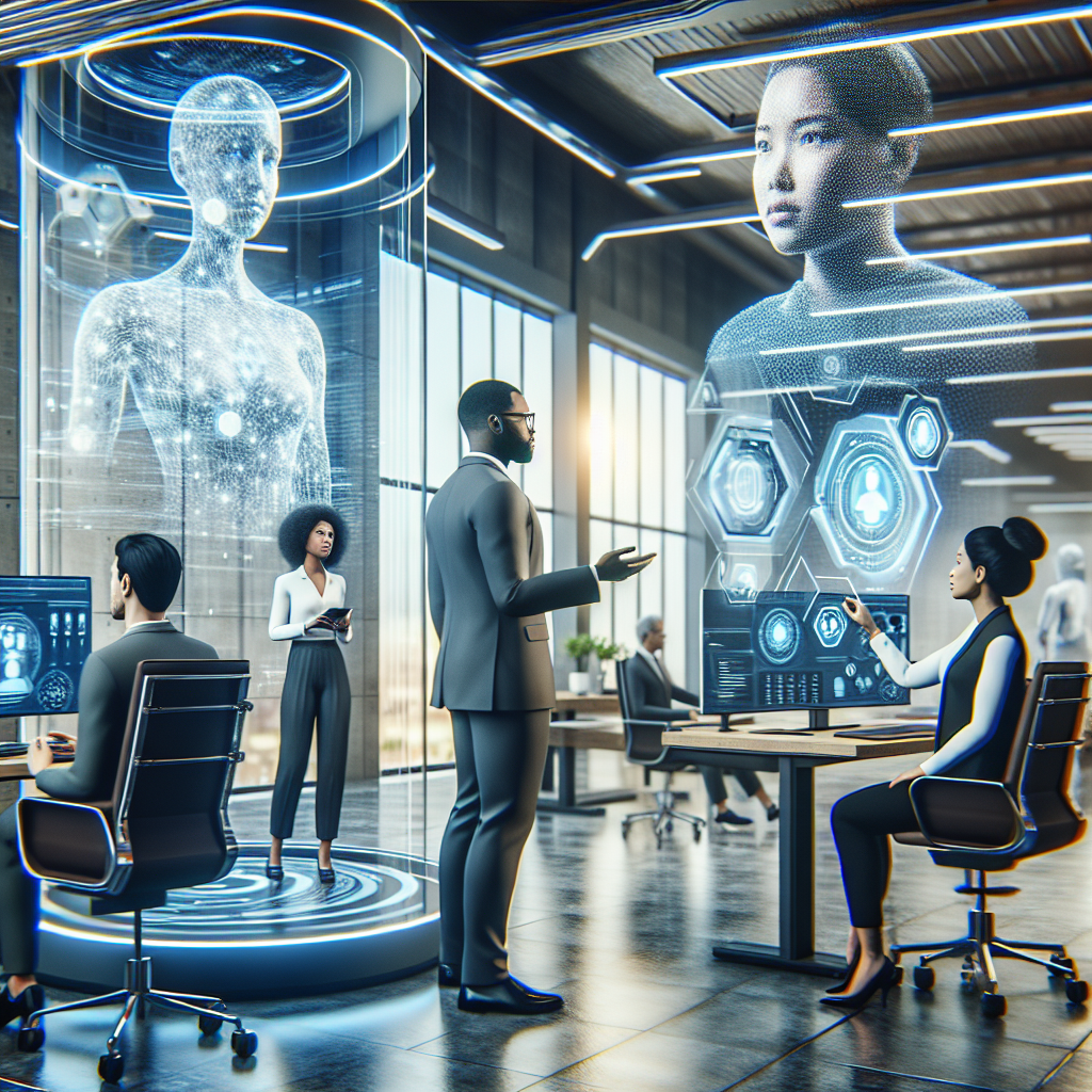 A futuristic office environment where leaders are engaging in AI-driven training sessions, blending traditional leadership practices with advanced technology